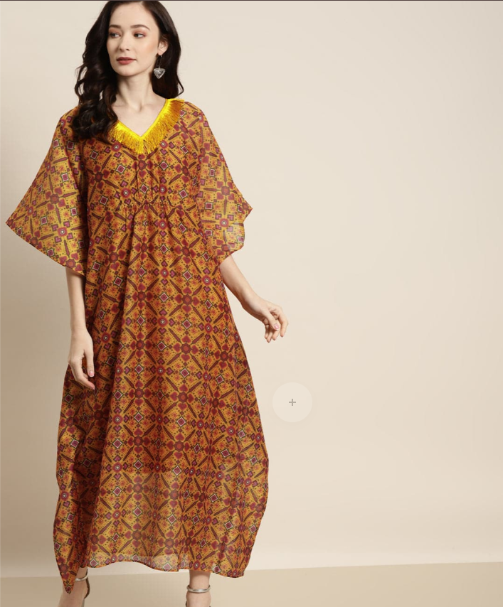 Shae by SASSAFRAS|Women Mustard Patola Kaftan With Slip
