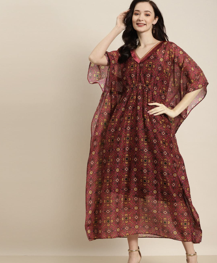 Shae by SASSAFRAS |  Women Maroon Patola Kaftan With Slip