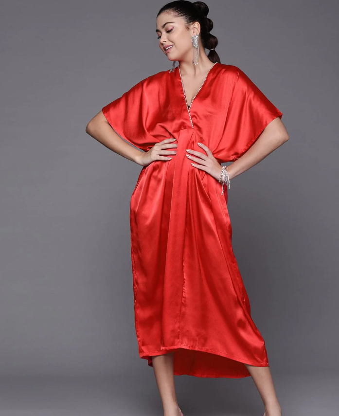 SASSAFRAS   Women Red Satin Kaftan Midi Dress