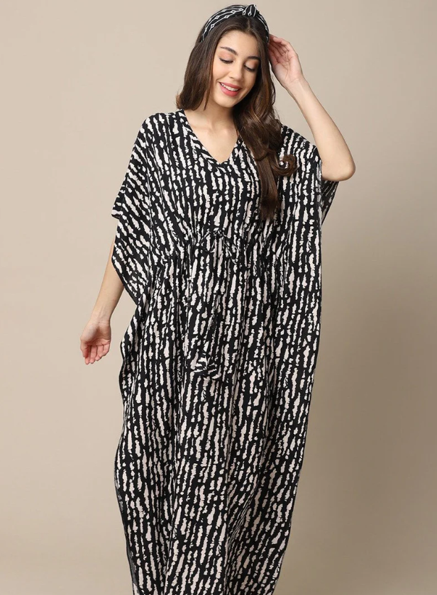 Black Stripe Printed Viscose Rayon Kaftan For Women