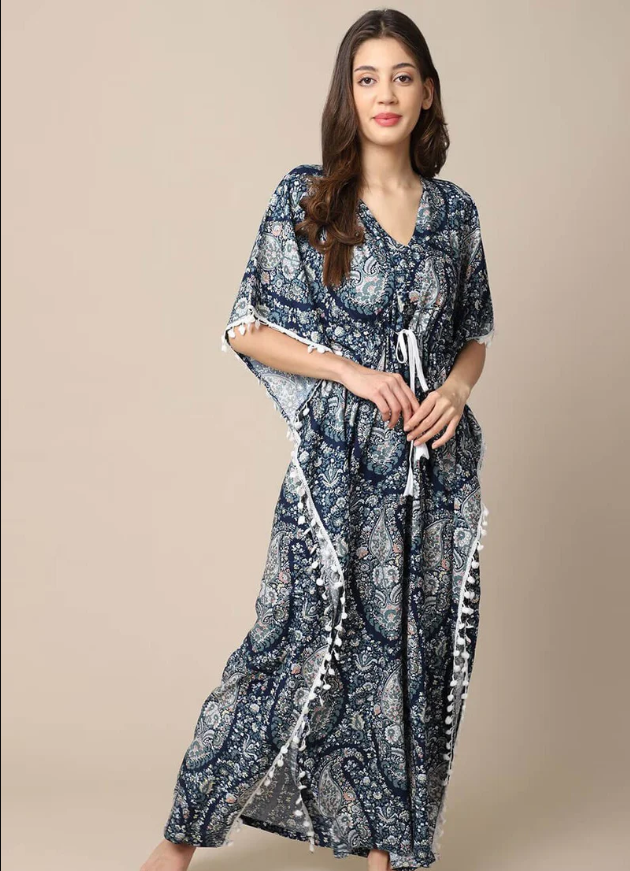 Blue Motif Printed Viscose Rayon Kaftan For Women