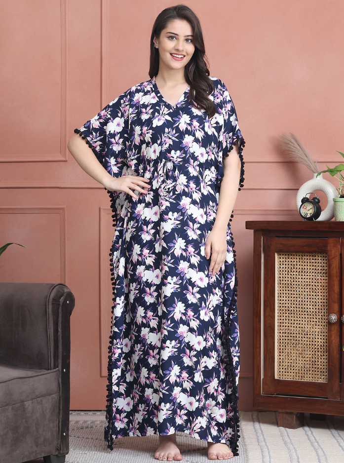 Navy Blue Colour Abstract Printed Viscose Rayon Kaftan For Women