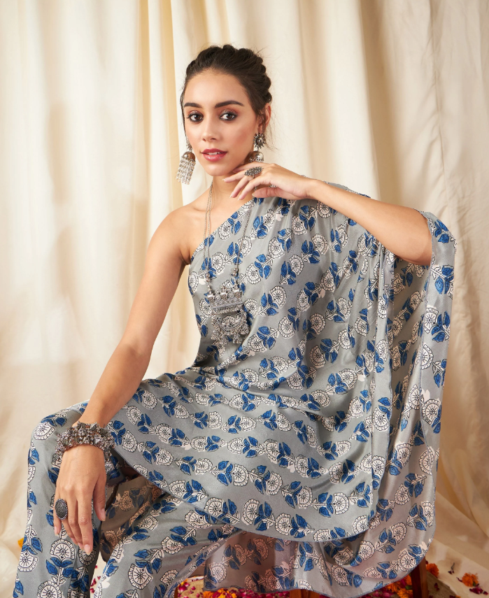 Shae by SASSAFRAS   Women Grey Floral One Shoulder Kaftan Top