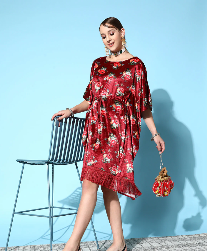 Shae by SASSAFRAS   Women Maroon Floral Velvet High Low Kaftan Dress