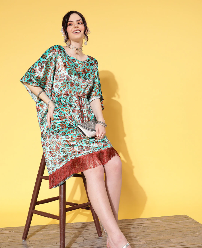 Shae by SASSAFRAS   Women Sea Green Floral Velvet High Low Kaftan Dress
