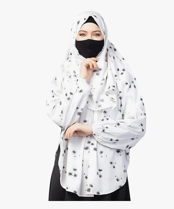 Bashariya Women's Crepe Printed Khimar Ready to Wear Instant Hijab in Black & White 1 Pieces Set