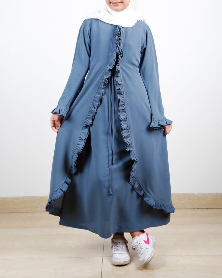 Dapper Grey Jacket Syle Frill Kids Abaya