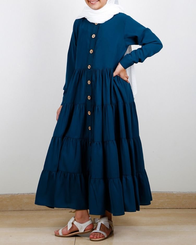Contemporary Blue Multi Layered Gather Kids Abaya