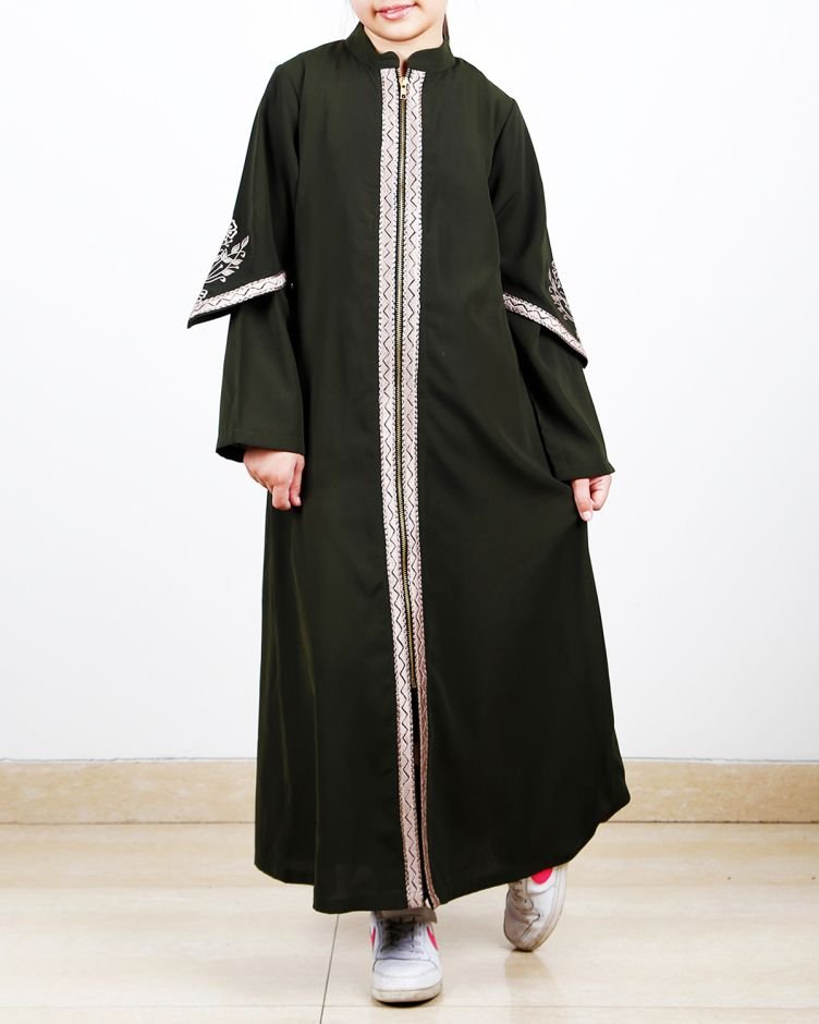 Bygone Front Zipper Bottle Green Kids Abaya