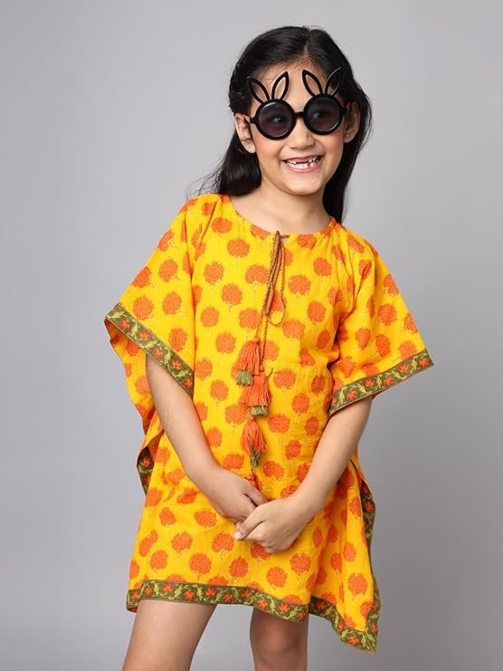 FABRIC FITOOR Girls Cotton Yellow Color Floral Print KaftanTop