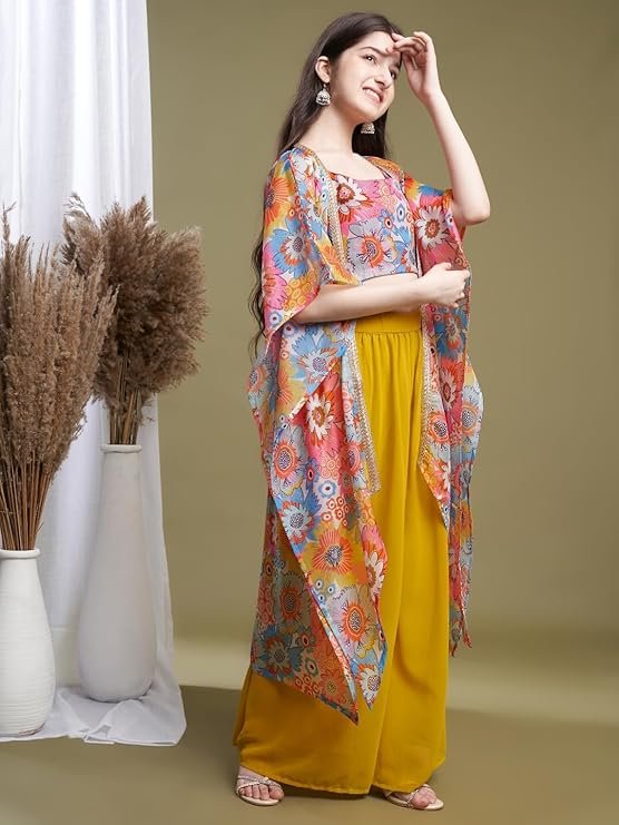 Girl's Georgette Printed Blouse & Kaftan Shruge with Palazzo Set