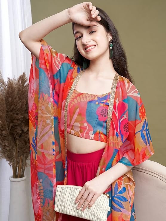 Girl's Georgette Printed Blouse & Kaftan Shruge with Palazzo Set