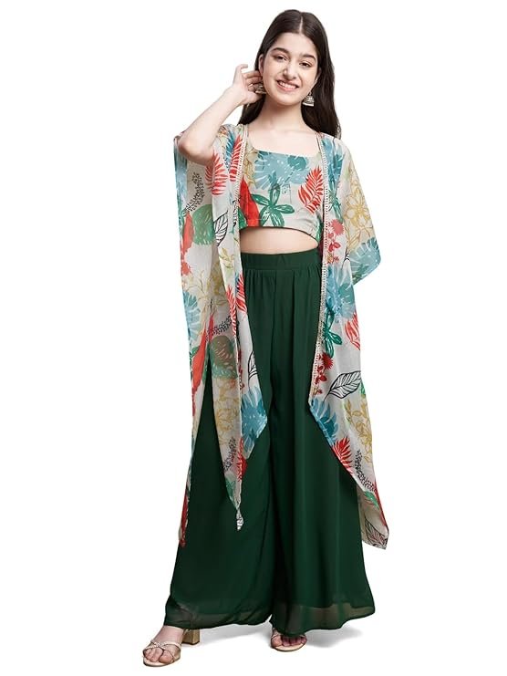 Girl's Georgette Printed Blouse & Kaftan Shruge with Palazzo Set