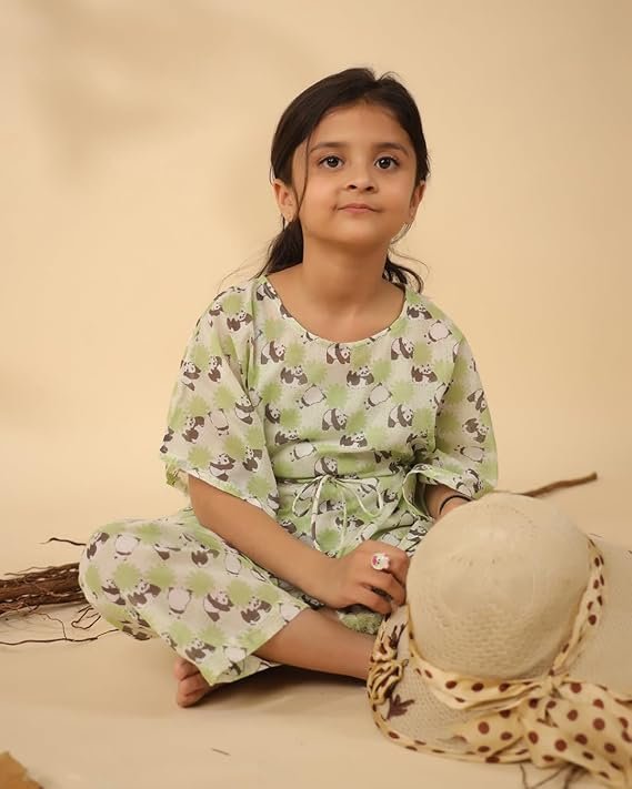 Pure Cotton Kids Girls Kaftan and Pyjamas Night Suit Set Lounge Wear Night Dress