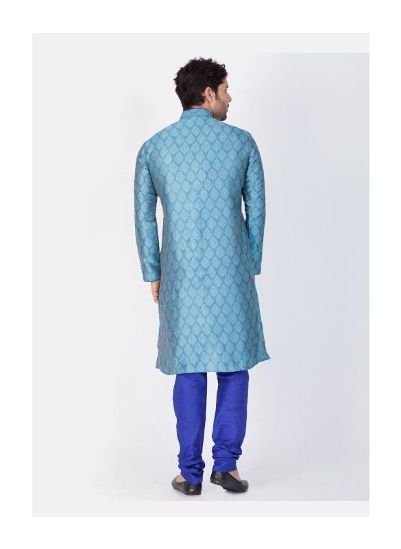 Men Light Blue Cotton Silk Kurta and Pyjama Set