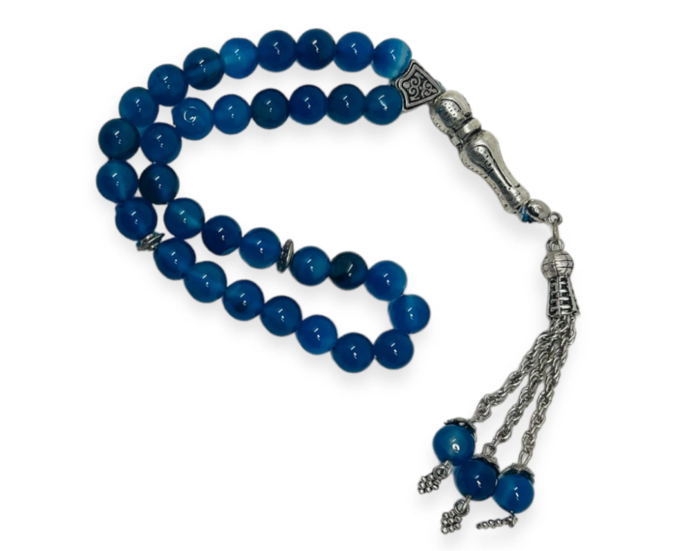 Blue Aqeeq Islamic Prayer Beads, Natural Stone, 33 Beads,