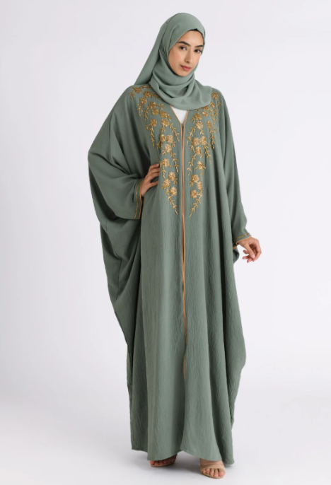 Premium Luxury Sage Green Embellished Open Farasha Abaya