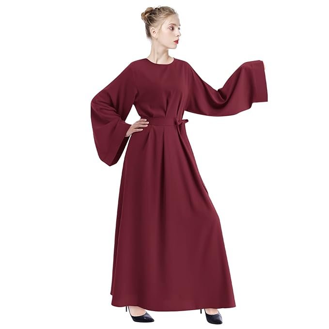 Women Long Sleeve Muslim Dress Middle East Arabian Robe Islamic Abaya Dubai Eid Prayer Dress Belted Maxi Dress + Prayer Beads