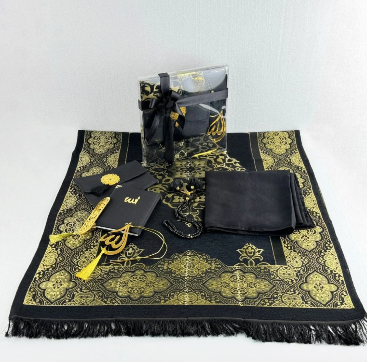 Muslim Prayer Rug, Black Color Prayer Set - Islamic Gift