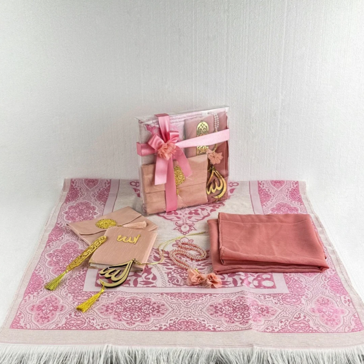 Prayer Rug Mat, Rose Color Prayer Set - Islamic Gift