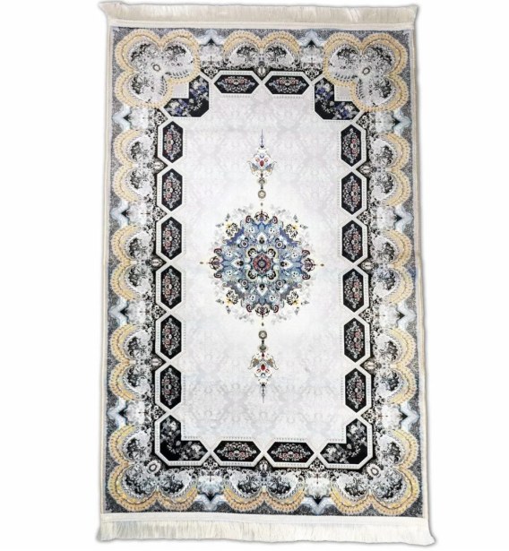 Muslim Prayer Mat - White & Gold Intricate Patterns