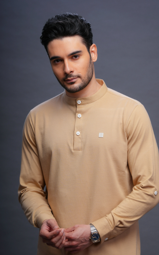 Asticus Knitted Short Kurta Payjama Set Beige Men