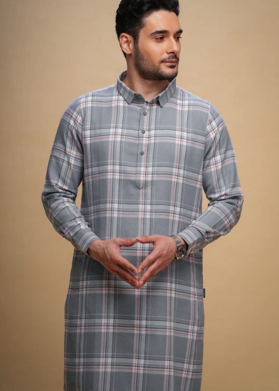 Oxen Checks Kurta Grey Set Men