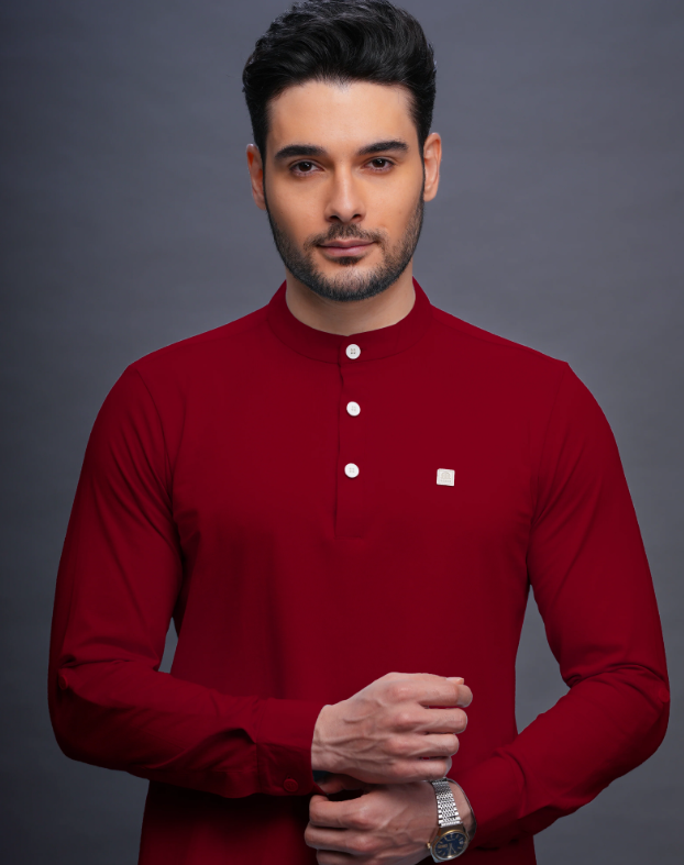 Asticus Knitted Short Kurta Payjama Set Maroon Men